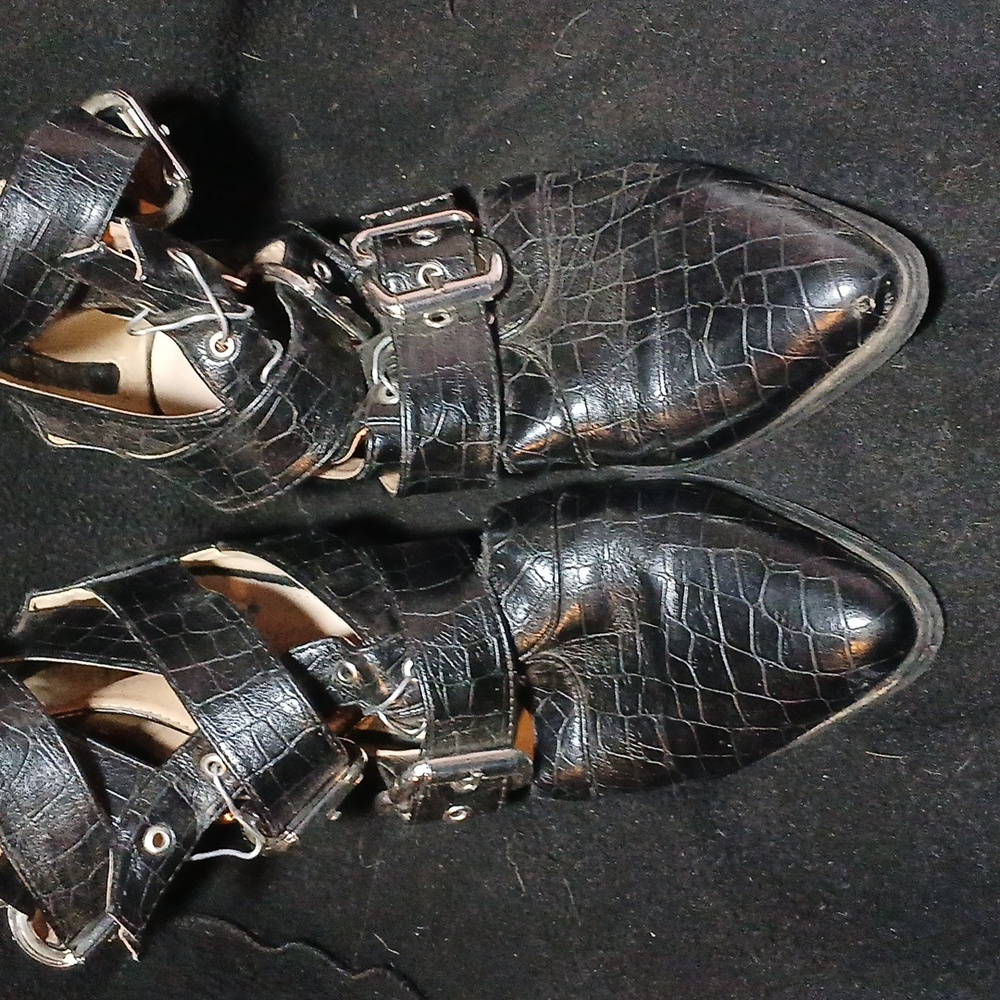 PRETTY LITTLE THING BLACK CROC THREE BUCKLE LACE UP BOOTS- SIZE  Fits US 8